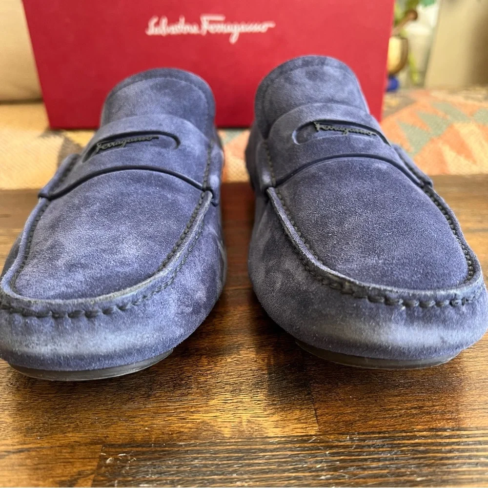 Salvatore Ferragamo NEWTON Blue Suede Driving Loafers US9 E (Display Shoes)
